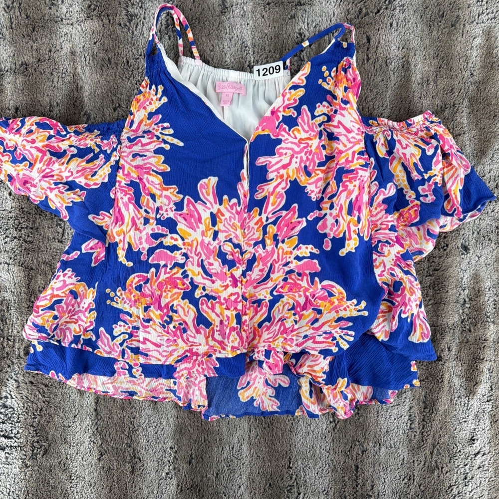 Lilly Pulitzer Blouse Women's XS Electric Blue Hot Pink Cold Shoulder Tropical